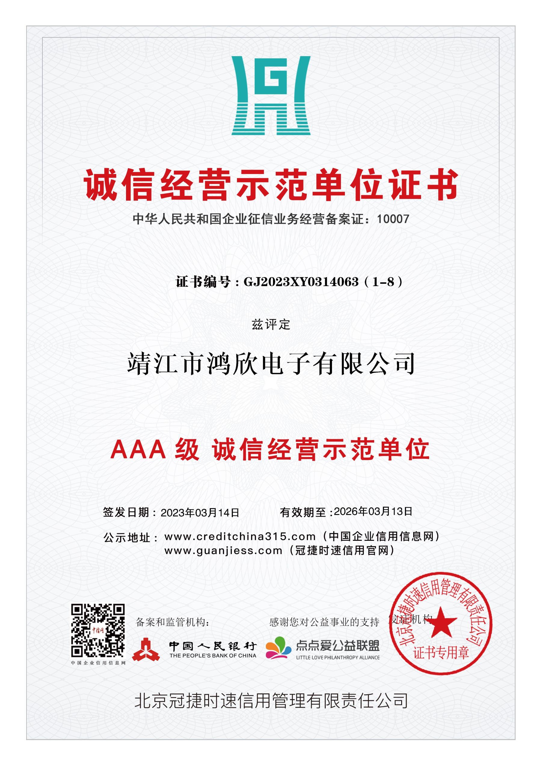 诚信经营示范单位证书